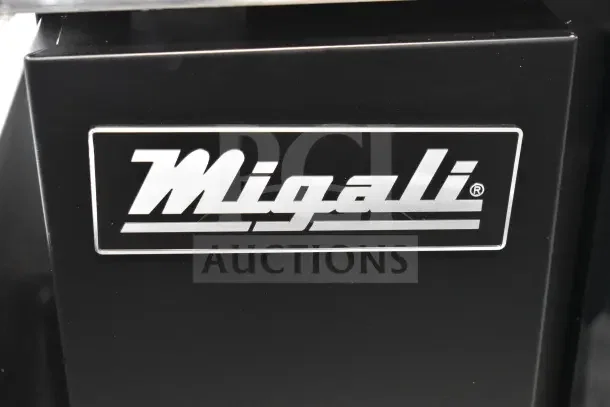 Migali logo on the front of the 2025 C-BB60SG-HC Commercial 2 Door Back Bar Cooler. Brand new, scratch and dent condition.