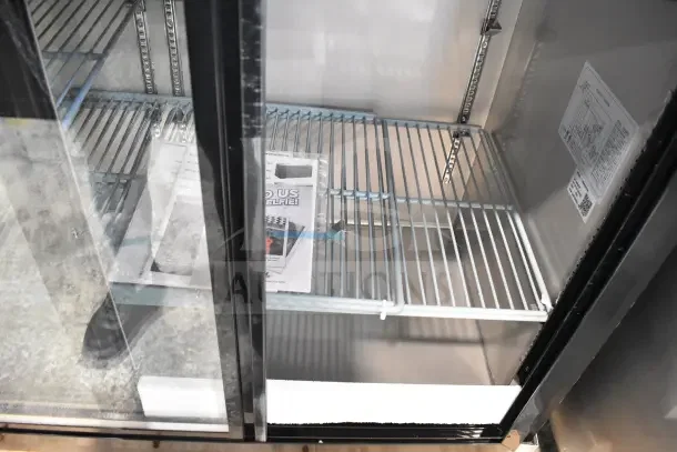 BRAND NEW Migali C-BB60SG-HC 2 Door Back Bar Cooler, commercial use, 115V, slight cosmetic scratches, shelves inside.