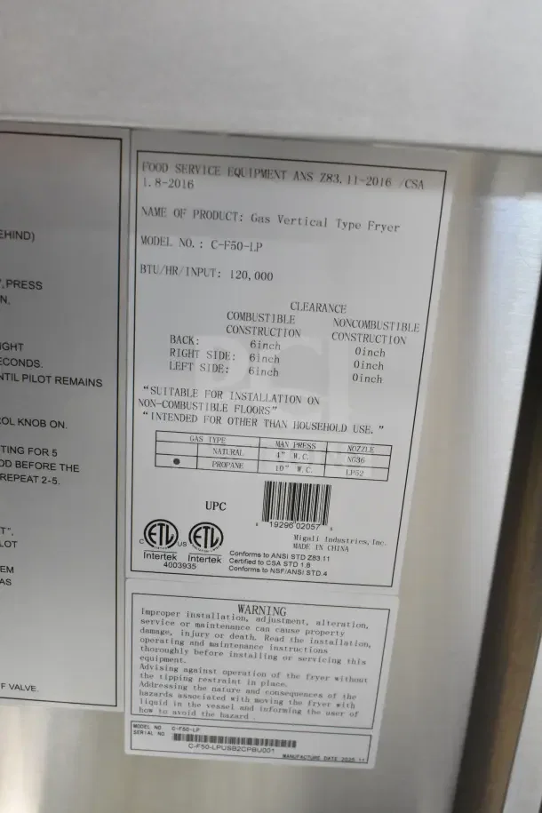 Migali C-F50-LP commercial propane gas fryer, 120,000 BTU, model/serial details, installation and safety label.