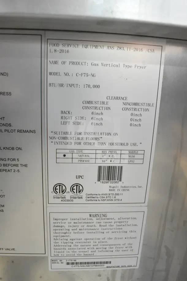 Migali C-F75-NG fryer label showing model, 75 lb capacity, 170,000 BTU, natural gas, serial C-F75-NGUSB1CPBW003.