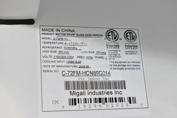Label of Migali C-72FM-HC Commercial Freezer, showing specifications: 115/208-240V, 1 Phase, refrigerant R290, made in 2024.