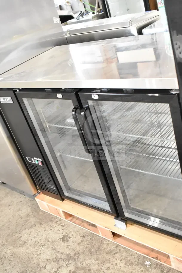 Brand new Migali C-BB48G-HC 2-door back bar cooler merchandiser, stainless steel with glass doors, 115 volts, serial 929808215.