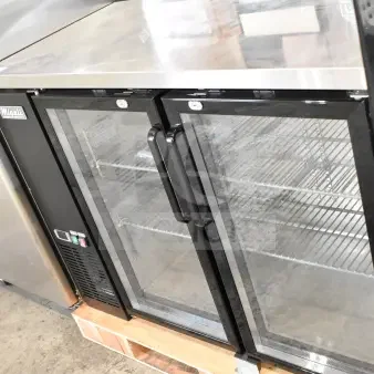 Brand new Migali C-BB48G-HC 2-door back bar cooler merchandiser, stainless steel with glass doors, 115 volts, serial 929808215.