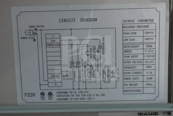 Circuit diagram and technical parameters for Migali C-BB48G-HC back bar cooler, showing electrical specs and refrigerant details.