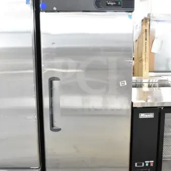 Migali commercial single door reach-in cooler, brand new with minor dents, on casters, 115 volts, 1 Phase.