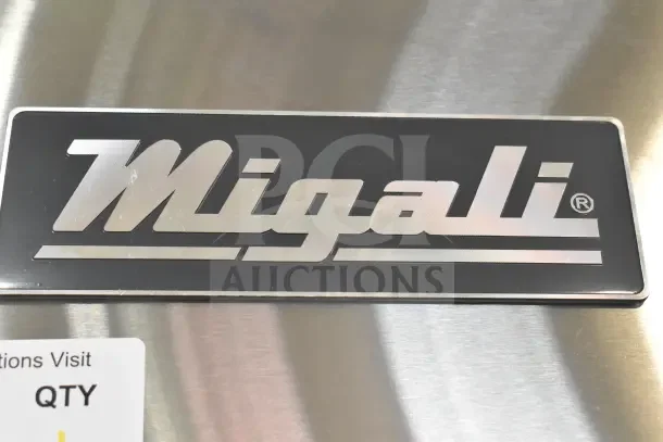 Migali logo on a brand new commercial single door reach-in cooler, scratch and dent, 115V, 1-phase, on commercial casters.