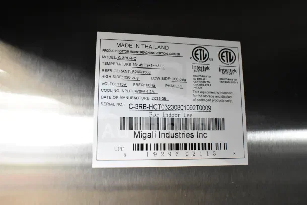 BRAND NEW Migali C-3RB-HC 3 Door Reach-In Cooler label; commercial casters; 115V, 1 Phase; Serial C-3RB-HCT03230801092T0009.
