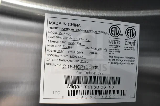 "2025 Migali C-1F-HC single door cooler label, 115V, serial C-1F-HCP1DC009, scratch and dent, commercial casters."