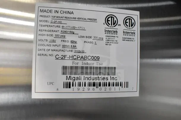 BRAND NEW Migali C-2F-HC Commercial Freezer, 2-door, 115V, 1 phase. Serial: C-2F-HCPABC009. Made in China, 2025 model.