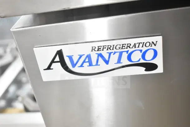 Avantco Refrigeration logo on stainless steel surface of the 2026 Avantco 178CBE72HC Chef Base, 115V, new with minor dents.