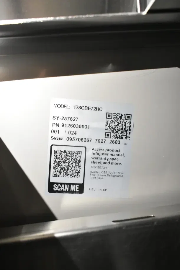 Alt text: Avantco 178CBE72HC Commercial 4 Drawer Chef Base label with model, serial number, QR codes, and product info. 115V, 1/6 HP.